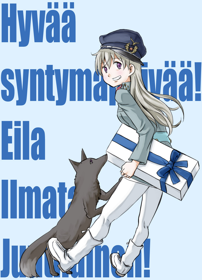 1girl, animal, boots, box, character_name, eila_ilmatar_juutilainen, female_focus, finnish_flag