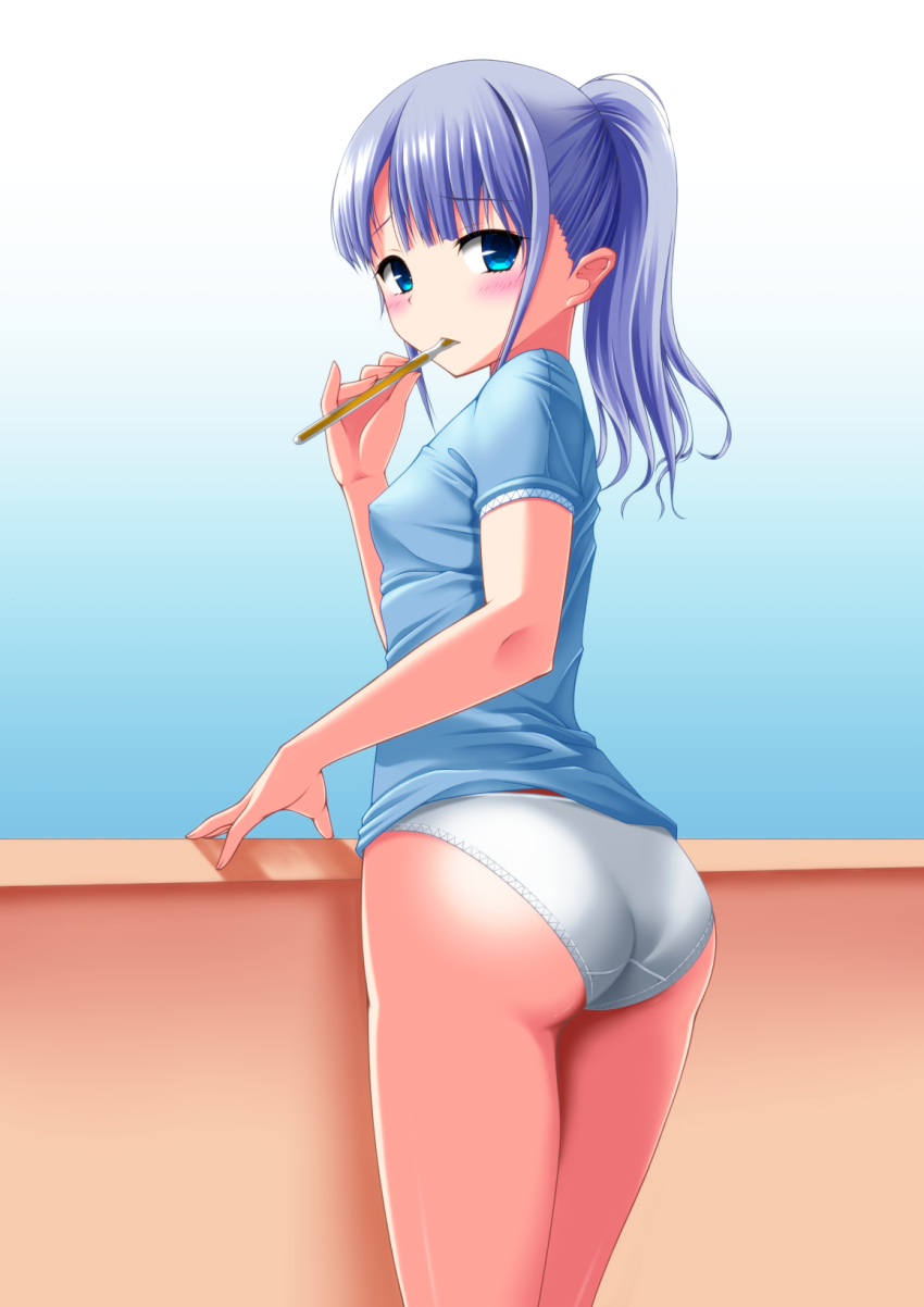 1girl, ass, blue_eyes, blue_hair, blush, breasts, brushing_teeth, covered_erect_nipples