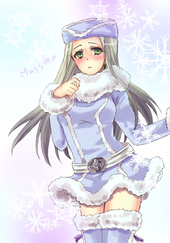 1girl, blush, boots, coat, female_focus, fur_boots, fur_coat, fur_hat, fur_trim, genderswap, genderswap_(mtf), green_eyes, hat, jojo_no_kimyou_na_bouken, long_hair, massimo_volpe, purple_haze_feedback, solo, thigh_boots, thighhighs, torikai, vento_aureo, white_hair, winter_clothes, zettai_ryouiki