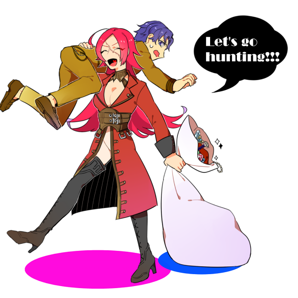 10s, 1boy, 1girl, 5spra, ahoge, bad_id, bad_pixiv_id, black_footwear, blue_eyes, boots, bottomless, breasts, carrying, carrying_over_shoulder, cleavage, corset, english_text, fate/extra, fate_(series), francis_drake_(fate), full_body, heart, heart_in_mouth, large_breasts, long_hair, matou_shinji, pink_hair, sack, scar, school_uniform, short_hair, shoulder_carry, simple_background, standing, sweat, thigh_boots, thighhighs, tsukumihara_academy_uniform_(fate/extra), wavy_hair, white_background