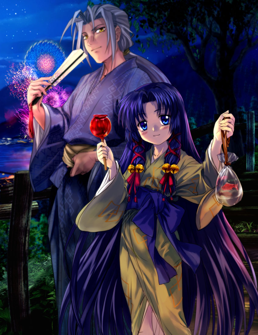 00s, 1boy, 1girl, aerial_fireworks, air_(visual_novel), bag, bell, blue_eyes