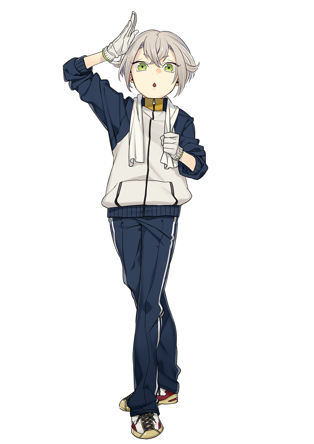 10s, 1boy, :o, alternate_costume, full_body, gloves, green_eyes, hair_flaps