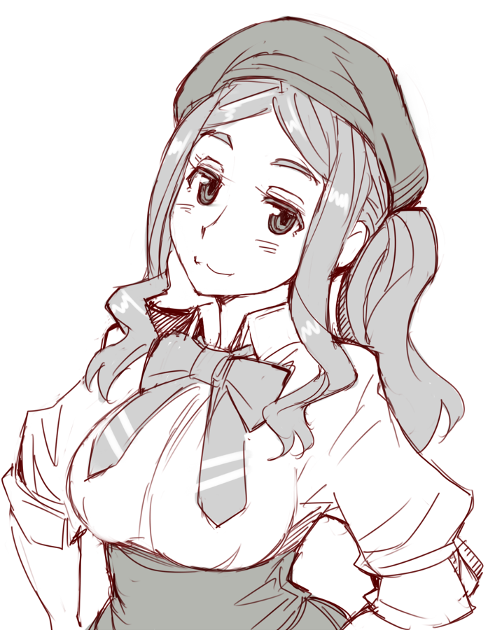 10s, 1girl, :3, beret, bow, bowtie, breasts, employee_uniform