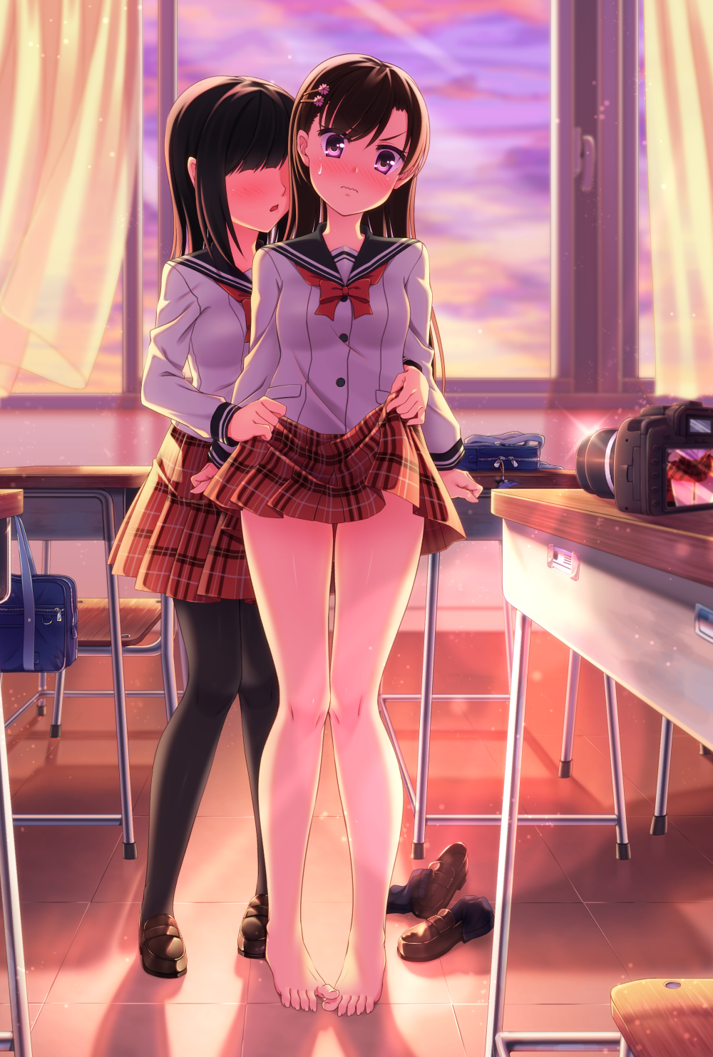 2girls, bag, bare_legs, barefoot, black_hair, black_legwear, blush, camera, clothes_lift, desk, faceless, faceless_female, feet, hair_ornament, hair_over_eyes, hairclip, highres, loafers, multiple_girls, nukoko_(akumagansyakudairi), original, pantyhose, plaid_clothes, plaid_skirt, purple_eyes, school_bag, school_desk, school_uniform, serafuku, shoes, skirt, skirt_lift, socks, toes, unworn_shoes, unworn_socks, yuri