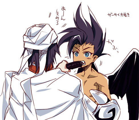 1990s_(style), 2boys, bad_id, bad_pixiv_id, bare_pectorals, black_hair, blue_eyes, dark-skinned_male