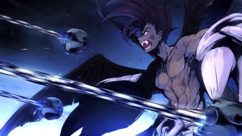 1990s_(style), 1boy, bad_id, bad_pixiv_id, bare_pectorals, black_hair, dark-skinned_male, dark_skin, fangs, fighting, houshin_engi, male_focus, open_mouth, pectorals, pointy_ears, raishinshi, retro_artstyle, solo, teeth, topless_male, utsugi_(skydream), wings