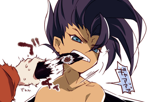 1990s_(style), bad_id, bad_pixiv_id, black_hair, blue_eyes, dark-skinned_male, dark_skin, eating