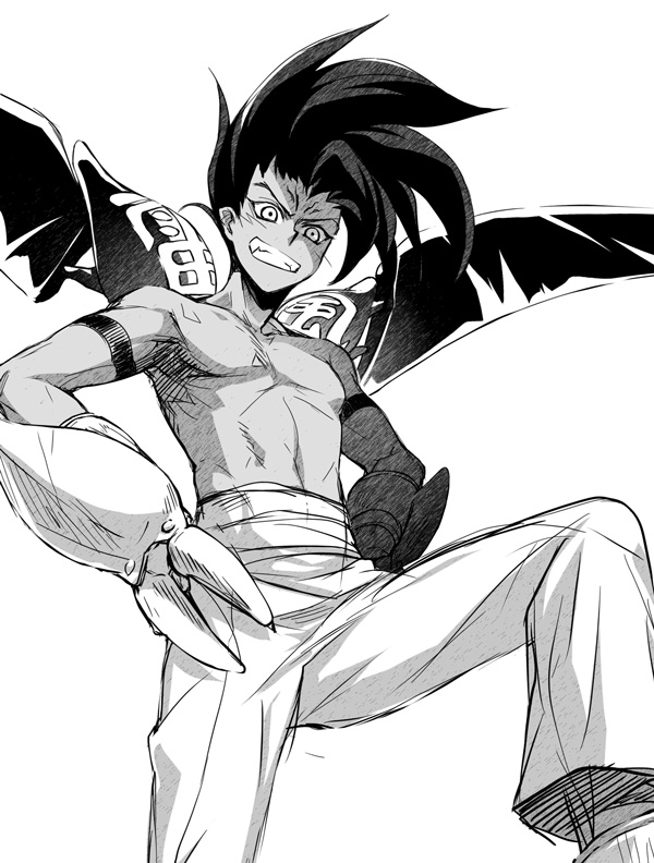 1990s_(style), 1boy, bad_id, bad_pixiv_id, bare_pectorals, dark-skinned_male, dark_skin, fangs
