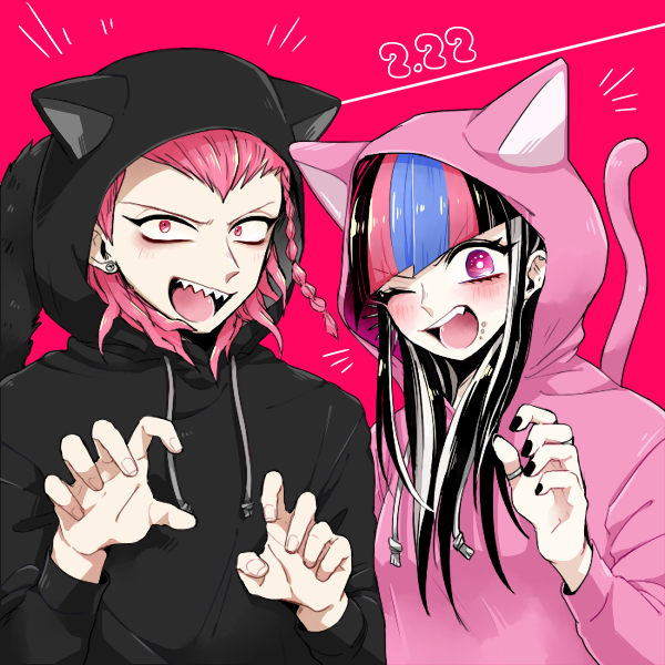 10s, 1boy, 1girl, animal_hood, bad_id, bad_pixiv_id, black_hair, black_nails