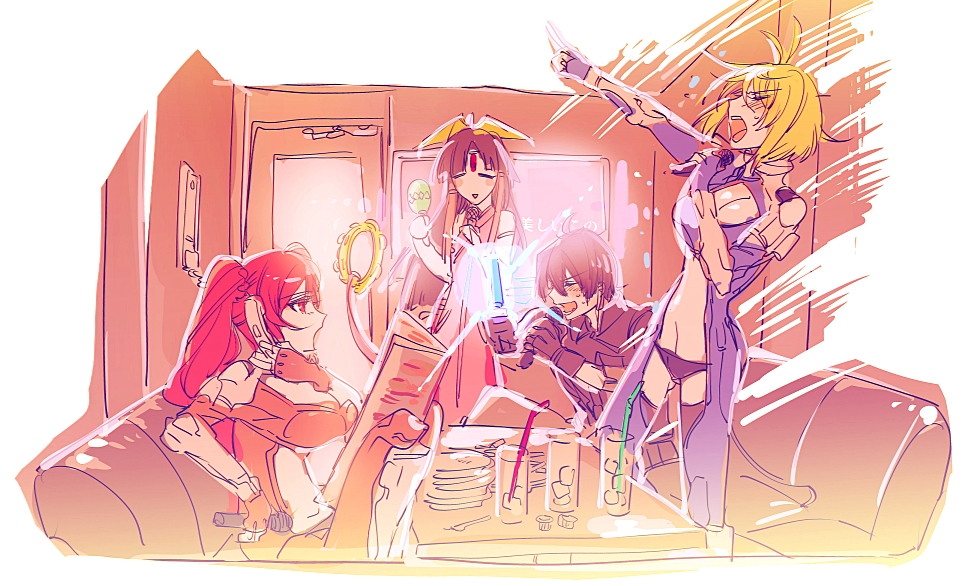 10s, 1boy, 3girls, angelise_ikaruga_misurugi, bare_shoulders, black_hair, blonde_hair, breasts