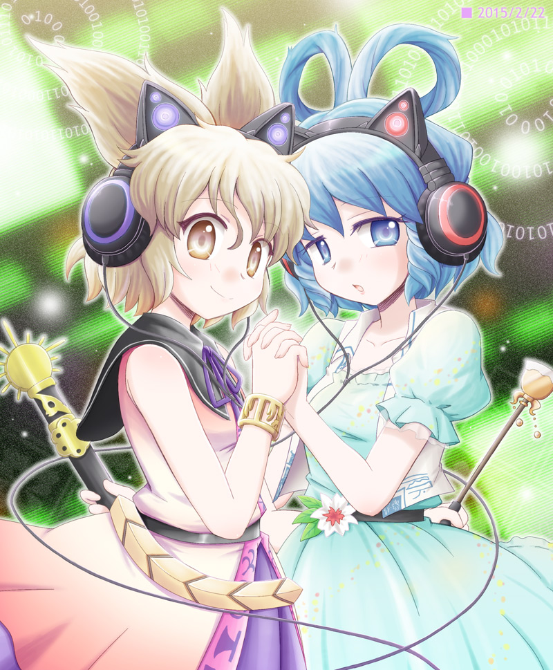2girls, animal_ear_headphones, animal_ears, axent_wear, blue_eyes, blue_hair, blush, breasts