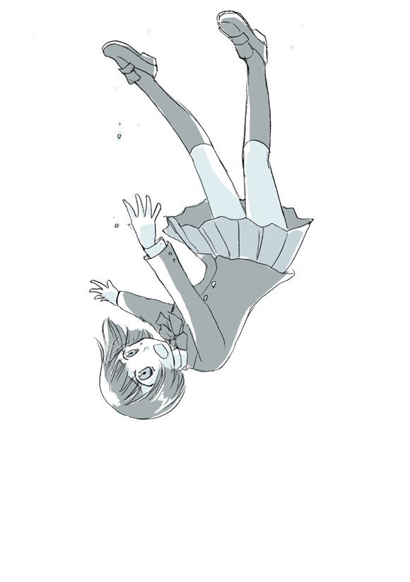 1girl, bob_cut, falling, gakkou_no_kaidan_(tv_series), haruna_tsubame, monochrome, naginami_(ngnm), school_uniform