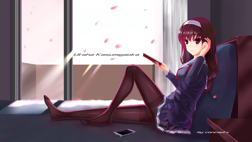 1girl, black_pantyhose, book, cherry_blossoms, conceptx, feet, female_focus, hairband, highres, kasumigaoka_utaha, long_hair, long_legs, no_shoes, pantyhose, red_eyes, saenai_heroine_no_sodatekata, school_uniform, self-upload, sitting, solo, thighband_pantyhose, toes