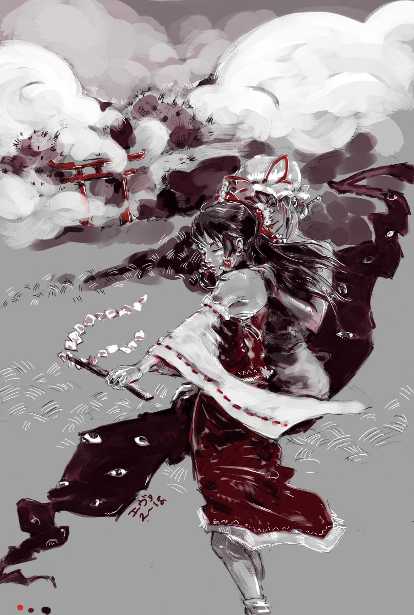 2girls, absurdres, adapted_costume, artist_name, black_hair, bow, closed_eyes, cloud