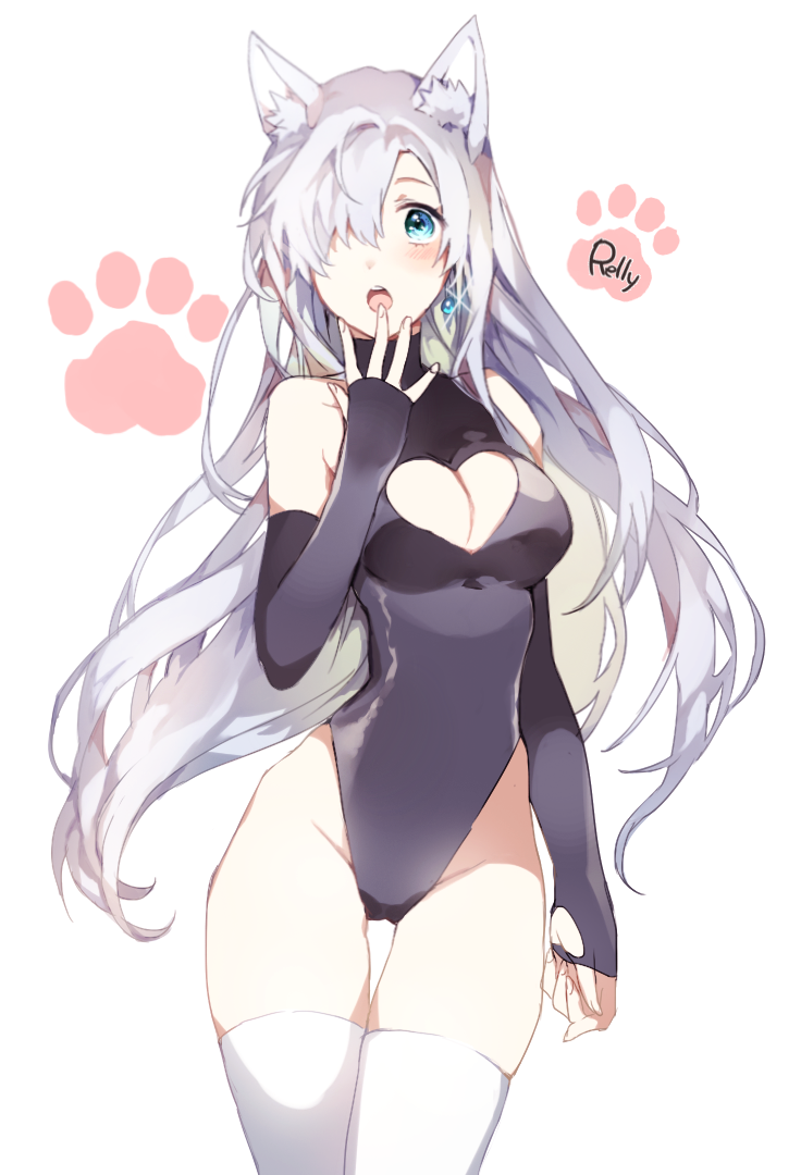 10s, 1girl, :o, animal_ears, artist_name, bad_id, bad_pixiv_id, bare_shoulders, black_gloves, blue_eyes, blush, breasts, cat_ears, cleavage, cleavage_cutout, clenched_hand, clothing_cutout, contrapposto, cowboy_shot, detached_sleeves, earrings, elbow_gloves, elizabeth_liones, female_focus, fingerless_gloves, glint, gloves, groin, hair_over_one_eye, halterneck, hand_to_own_mouth, heart, heart_cutout, highleg, highleg_leotard, hip_focus, jewelry, leotard, long_hair, looking_at_viewer, medium_breasts, nanatsu_no_taizai, open_mouth, paw_print, relly, simple_background, skin_tight, solo, standing, surprised, thigh_gap, thighhighs, turtleneck, very_long_hair, white_background, white_hair, white_thighhighs, wide_hips