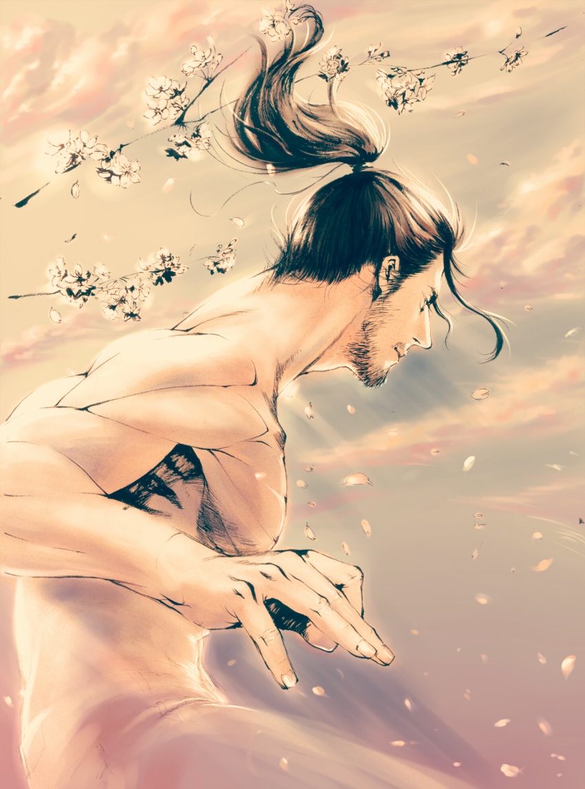 1boy, bad_id, bad_pixiv_id, beard, black_hair, brazil, cherry_blossoms, cyborg
