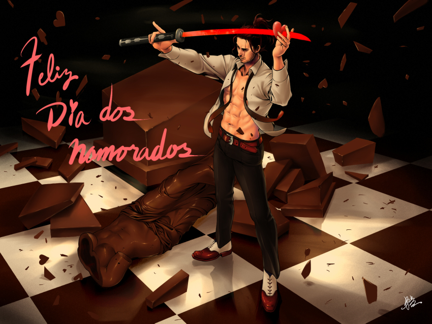 1boy, bad_id, bad_pixiv_id, black_hair, brazil, checkered_floor, chocolate, futon_saru