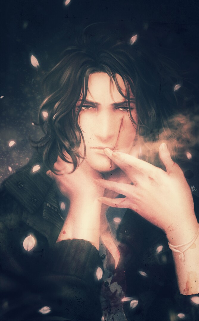 1boy, bad_id, bad_pixiv_id, black_hair, blood, bloom, brazil, cherry_blossoms