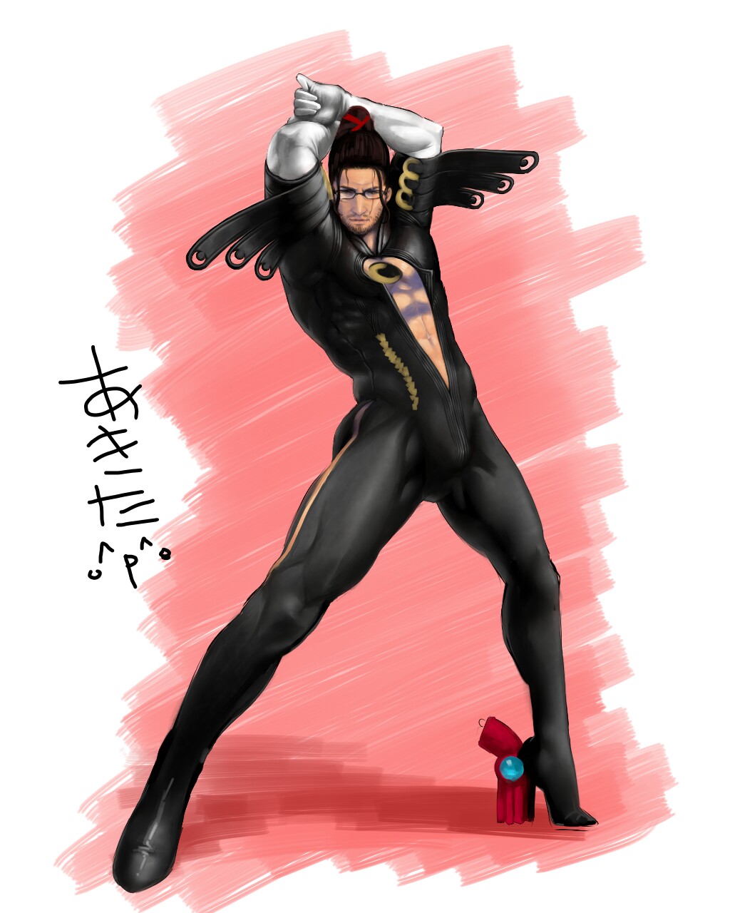 1boy, arms_behind_head, bad_id, bad_pixiv_id, bayonetta, bayonetta_(cosplay), bayonetta_(series), bespectacled, bodysuit, brazil, center_opening, cosplay, creator_connection, futon_saru, glasses, highres, jewelry, male_focus, metal_gear_(series), metal_gear_rising:_revengeance, necklace, parody, platinumgames, ponytail, samuel_rodrigues, scar, solo, zipper