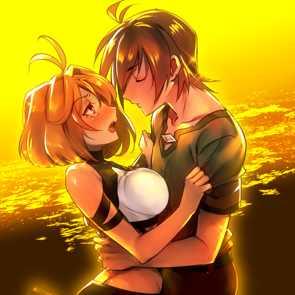 10s, 1boy, 1girl, angelise_ikaruga_misurugi, antenna_hair, blonde_hair, breasts, brown_hair, cross_ange, closed_eyes, from_side, hetero, hug, imminent_kiss, kin_mokusei, ocean, open_mouth, orange_sky, red_eyes, short_hair, sky, tusk_(cross_ange), wing_collar