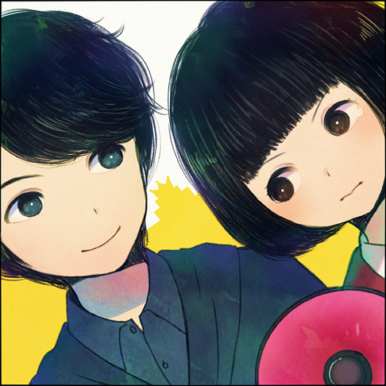 1boy, 1girl, ayu_(mog), bad_id, bad_pixiv_id, black_hair, blue_eyes, blunt_bangs, bob_cut, brown_eyes, dutch_angle, fringe_trim, gakkou_no_kaidan_(tv_series), haruna_tsubame, shizukui_kei, short_hair, smile, upper_body