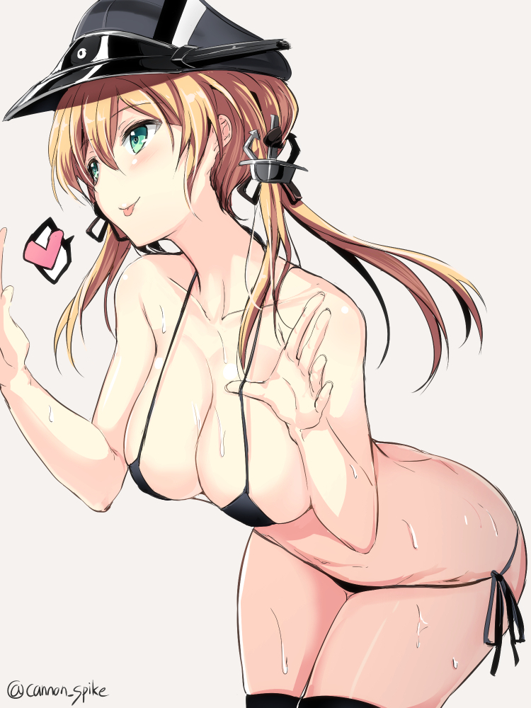 10s, 1girl, :p, bikini, black_bikini, blonde_hair, blush, breasts, female_focus, gin'ichi_(akacia), green_eyes, halterneck, hat, heart, kantai_collection, large_breasts, long_hair, military_hat, peaked_cap, prinz_eugen_(kancolle), side-tie_bikini_bottom, simple_background, smile, solo, spoken_heart, string_bikini, sweat, swimsuit, tongue, tongue_out, twintails, twitter_username