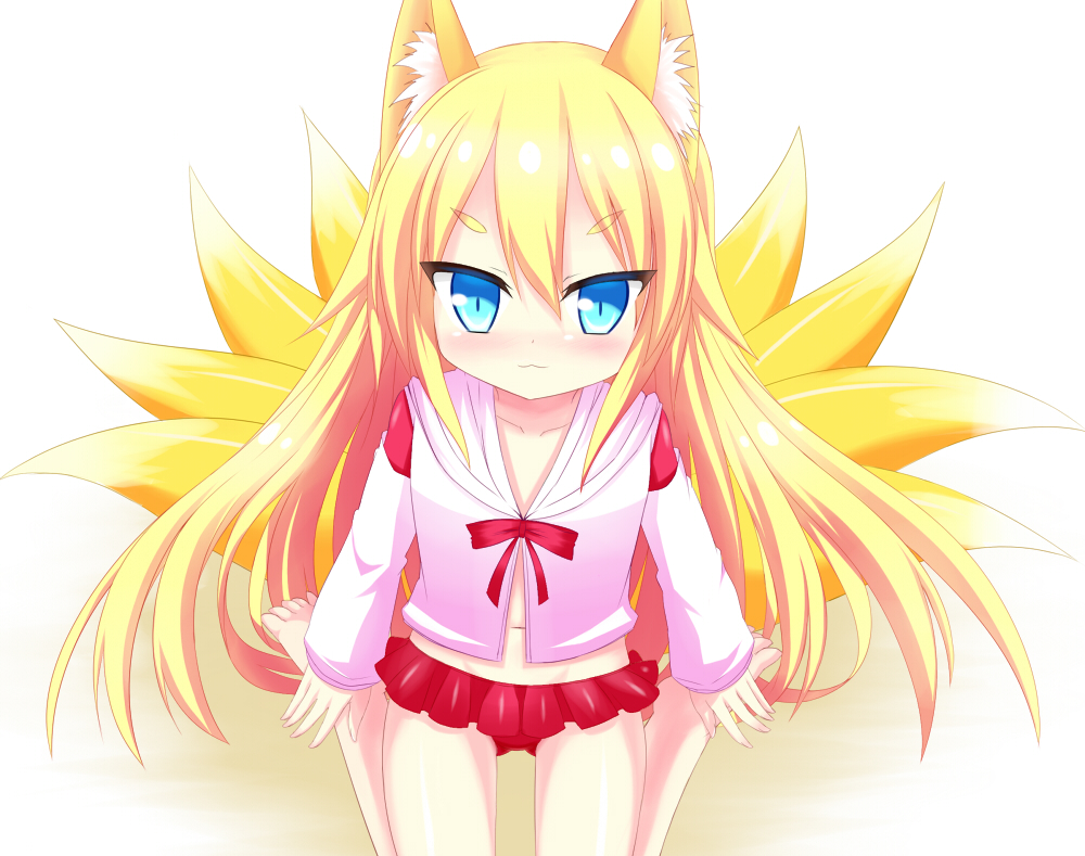1girl, :3, akaboshi_no_kyuubiko, animal_ear_fluff, animal_ears, barefoot, blonde_hair, blue_eyes, blush, closed_mouth, collarbone, female_focus, flat_chest, fox_ears, fox_tail, from_above, gluteal_fold, groin, kitsune, kyuubi, long_hair, long_sleeves, looking_at_viewer, lord_of_walkure, microskirt, multiple_tails, navel, short_eyebrows, simple_background, sitting, skirt, solo, swimsuit, tail, thick_eyebrows, toes, v-shaped_eyebrows, wariza, white_background