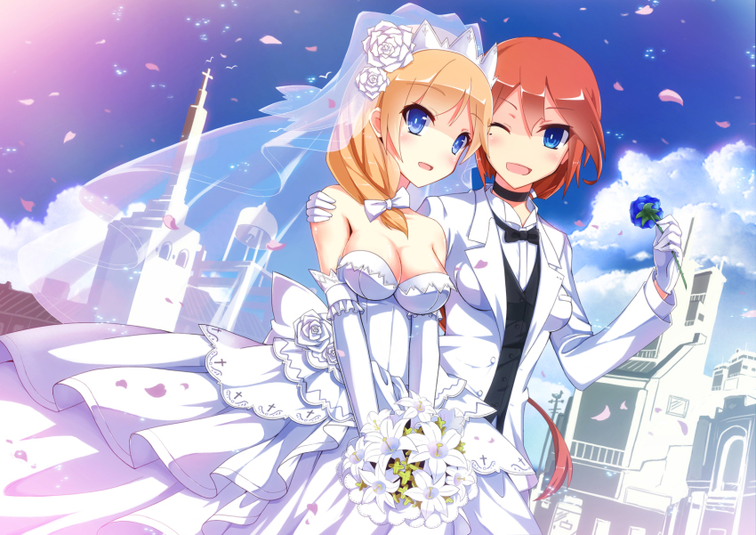 2girls, blonde_hair, blue_eyes, blush, bouquet, bow, bridal_veil, bride