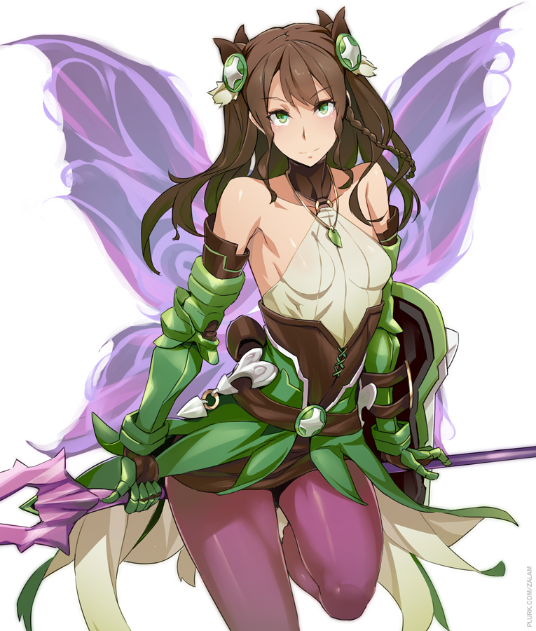 1girl, bare_shoulders, braid, breasts, brown_hair, female_focus, gauntlets, green_eyes, green_valkyrie_(p&amp;d), hair_ornament, kurowa, long_hair, pantyhose, polearm, puzzle_&amp;_dragons, shield, shiny_clothes, single_braid, skirt, small_breasts, solo, spear, valkyrie_(p&amp;d), weapon, wings, wood_valkyrie_(p&amp;d)