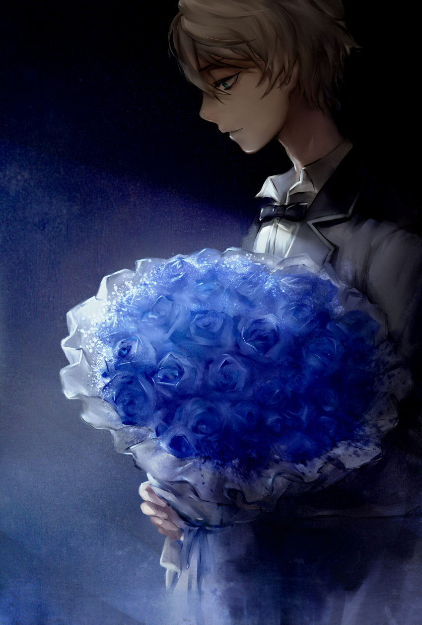 10s, 1boy, absurdres, aldnoah.zero, bad_id, bad_pixiv_id, blue_flower, blue_rose, bouquet, flower, gradient_background, highres, limbo_(pixiv11653633), male_focus, plant, platinum_blonde_hair, rose, short_hair, slaine_troyard, solo, tuxedo