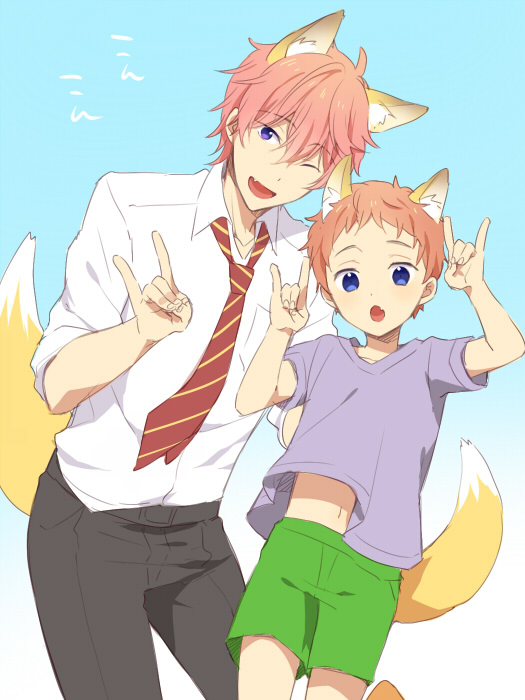 10s, 2boys, animal_ears, blue_eyes, blush, brothers, fang, fox_ears