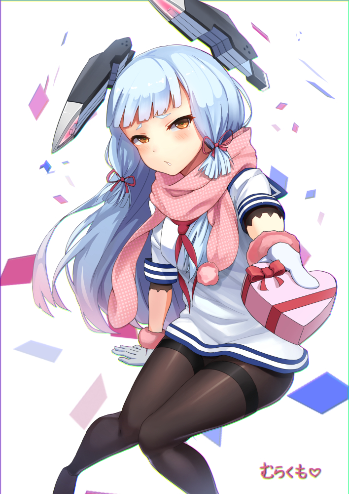 10s, 1girl, black_pantyhose, blunt_bangs, blush, box, dress, female_focus