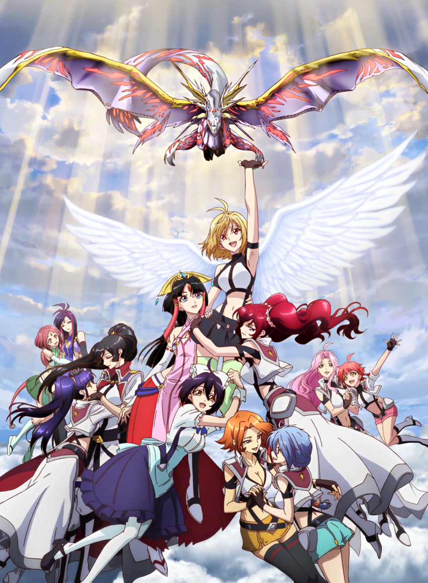 10s, 6+girls, :d, absurdres, angel_wings, angelise_ikaruga_misurugi, anime_screenshot, arm_up