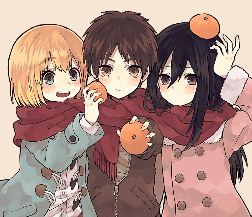 1girl, 2boys, aizawa_mota, alternate_costume, armin_arlert, black_hair, blonde_hair, blue_eyes, blush, brown_eyes, eren_yeager, long_hair, mikasa_ackerman, multiple_boys, sandwiched, scarf, shingeki_no_kyojin, short_hair