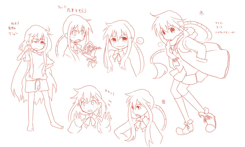 1girl, alternate_costume, alternate_hairstyle, borrowed_character, bouquet, bow, bowtie, coat, etomo_shuko, flower, hair_down, highres, lineart, long_hair, m.u.g.e.n, monochrome, multiple_views, original, ponytail, school_uniform, shirt, shorts, skirt, tama_(miloque), translation_request, very_long_hair, wince