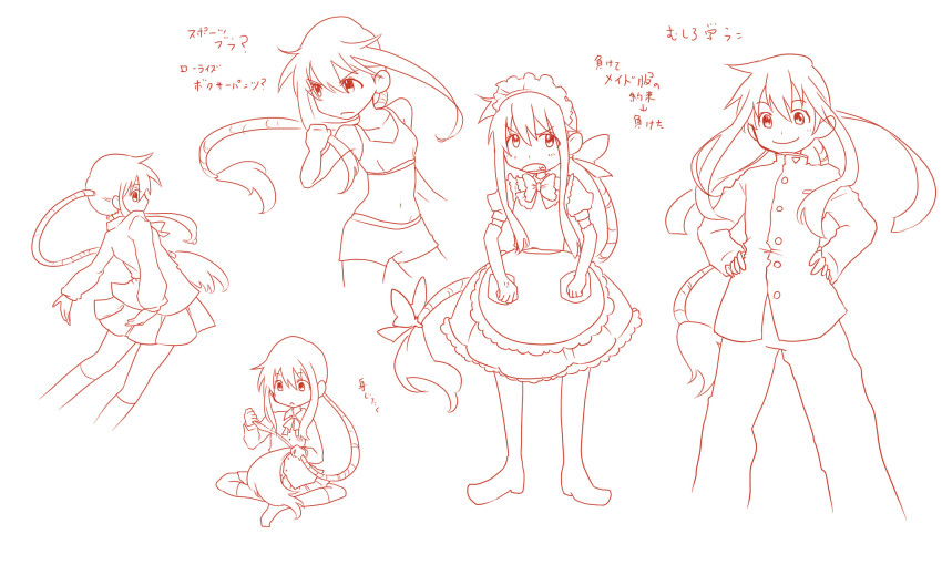 1girl, alternate_costume, borrowed_character, bow, bowtie, etomo_shuko, hands_on_own_hips, highres, indian_style, lineart, long_hair, m.u.g.e.n, maid, maid_headdress, monochrome, multiple_views, original, ponytail, school_uniform, shirt, shorts, sitting, skirt, sports_bra, tama_(miloque), translation_request, very_long_hair