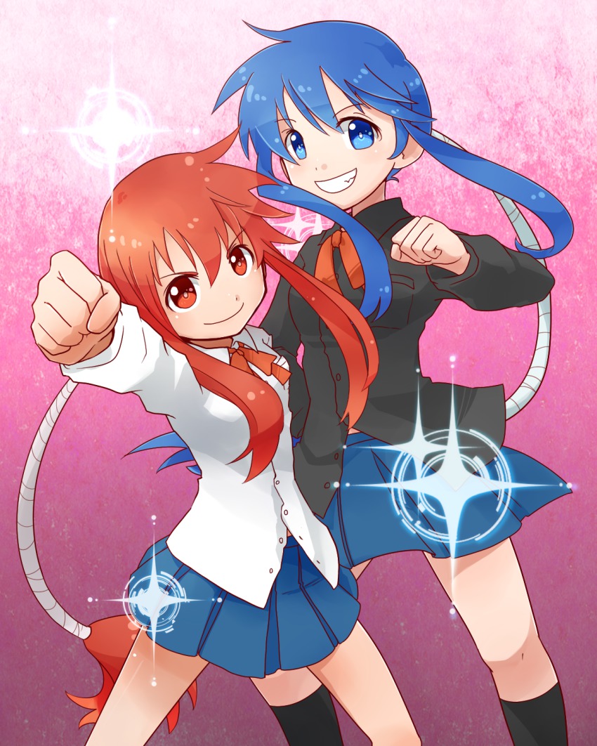 1girl, alternate_color, arm_up, blue_eyes, blue_hair, borrowed_character, bow, bowtie, clenched_hand, etomo_shuko, highres, long_hair, m.u.g.e.n, massugu_go, matching_hair/eyes, multiple_views, original, ponytail, red_eyes, red_hair, school_uniform, shirt, skirt, tama_(miloque), very_long_hair