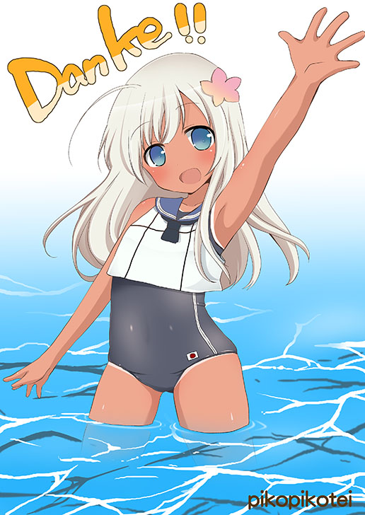 10s, 1girl, blonde_hair, blue_eyes, crop_top, flower, german_text, hair_flower