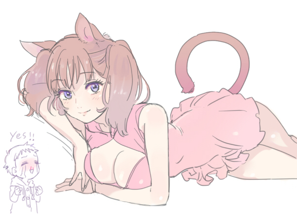 10s, 1boy, 1girl, animal_ears, bare_shoulders, blood, blush, breasts, brown_hair, cat_ears, cat_tail, cleavage_cutout, clothing_cutout, diane_(nanatsu_no_taizai), dress, king_(nanatsu_no_taizai), looking_at_viewer, lying, nanatsu_no_taizai, nosebleed, purple_eyes, seductive_smile, short_hair, smile, solo_focus, tail, tears, trico_(mentalsketch1985), twintails, yes