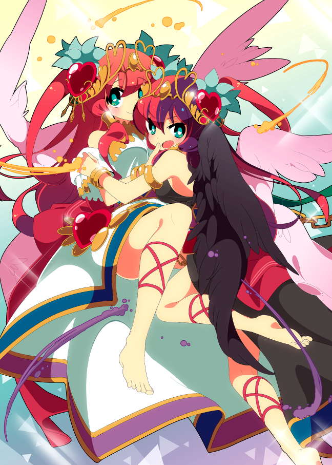 2girls, aqua_eyes, asymmetrical_wings, bare_shoulders, barefoot, chaos_venus_(p&amp;d), dress, dual_persona