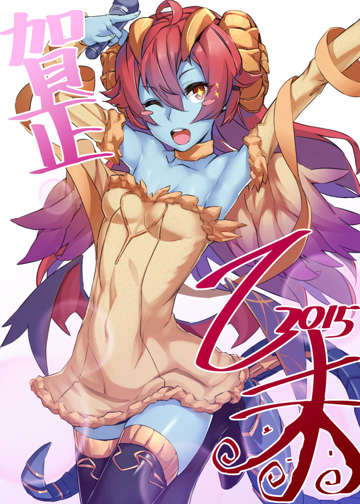 +_-, 10s, 1girl, 2015, ;d, angel_wings, armpits, blue_skin, blush_stickers, choker, colored_skin, demon_wings, detached_sleeves, female_focus, fur_trim, hera-sowilo_(p&amp;d), hera_(p&amp;d), horns, kurowa, long_hair, one_eye_closed, open_mouth, puzzle_&amp;_dragons, red_hair, sheep_horns, smile, solo, tail, thighhighs, wings, zettai_ryouiki
