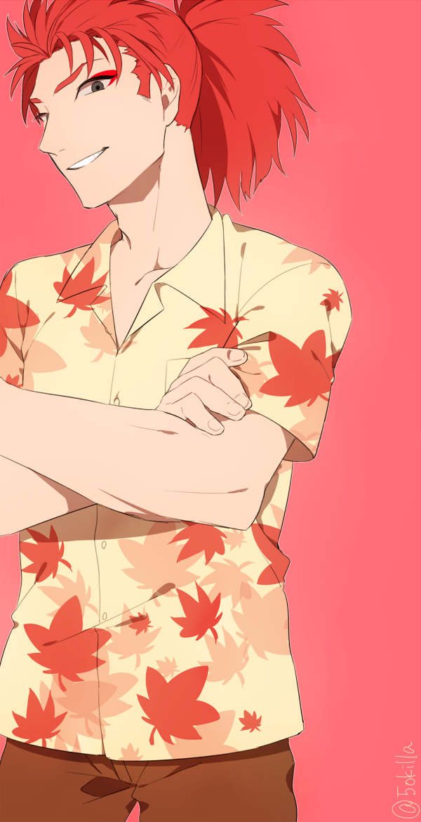 10s, 1boy, 5spra, bad_id, bad_pixiv_id, black_eyes, casual, crossed_arms, eyeliner, fate/extra, fate_(series), hawaiian_shirt, leaf_print, li_shuwen_(fate), li_shuwen_(young)_(fate), makeup, male_focus, maple_leaf_print, ponytail, red_eyes, red_hair, shirt, smile, solo