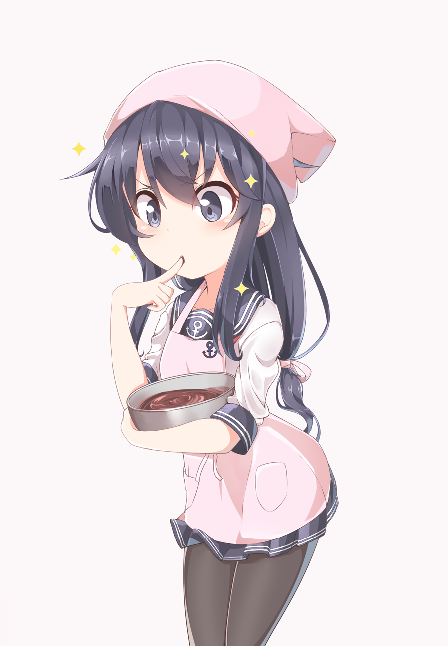 10s, 1girl, akatsuki_(kancolle), black_hair, blue_eyes, blush, chocolate, female_focus, finger_in_own_mouth, headscarf, highres, kantai_collection, long_hair, low_ponytail, moninora_(moninora83), neckerchief, pantyhose, pink_headscarf, ponytail, school_uniform, serafuku, solo, sparkle