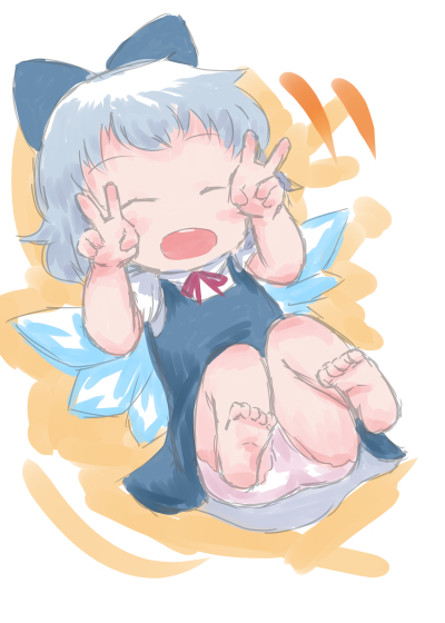 1girl, bad_id, bad_pixiv_id, barefoot, blue_hair, bow, chibi, chibi_only, cirno, closed_eyes, double_v, dress, female_focus, hair_bow, ice, ice_wings, kurotora03, lying, on_back, panties, pantyshot, ribbon, short_hair, solo, touhou, underwear, v, wings