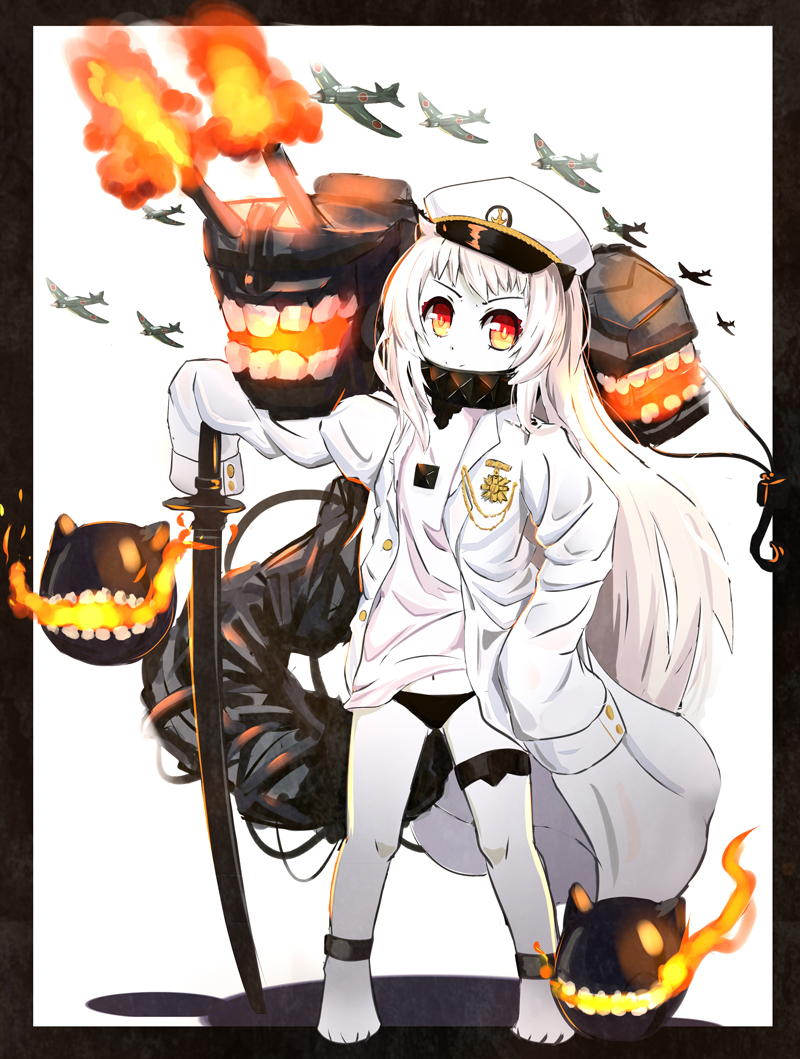 1girl, abyssal_ship, admiral_(kancolle), admiral_(kancolle)_(cosplay), ahoge, aircraft, airplane, akatsukiame