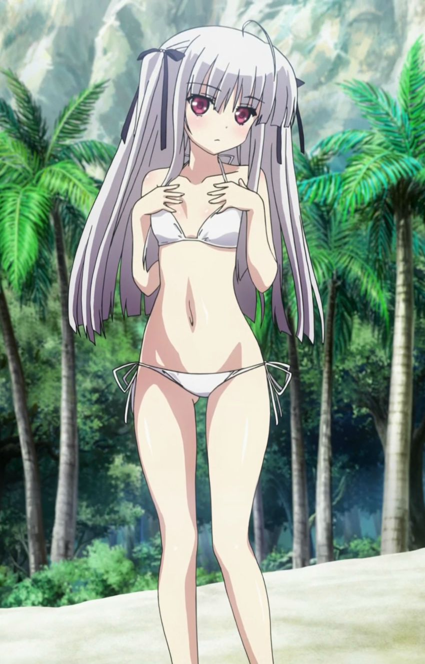 10s, 1girl, 8-bit_(company), absolute_duo, anime_screenshot, beach, bikini, breasts, flat_chest, hair_ornament, hair_ribbon, highres, long_hair, looking_at_viewer, midriff, navel, outdoors, palm_tree, red_eyes, ribbon, sand, side-tie_bikini_bottom, silver_hair, small_breasts, stitched, swimsuit, thighs, third-party_edit, tree, two_side_up, yurie_sigtuna