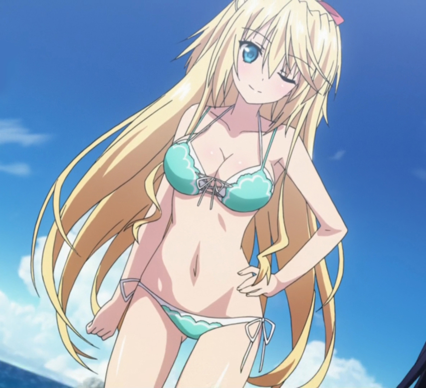 10s, 1girl, 8-bit_(company), absolute_duo, anime_screenshot, bikini, blonde_hair, blue_eyes
