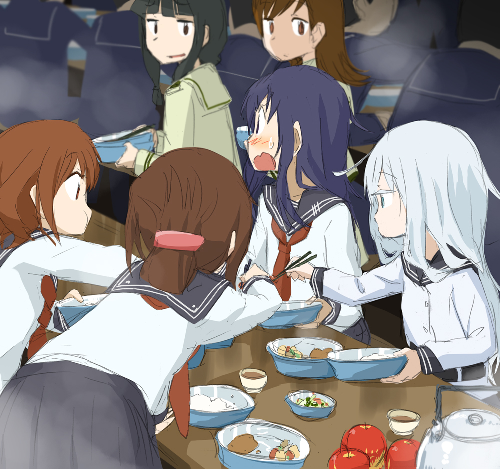 10s, 6+girls, akatsuki_(kancolle), apple, black_hair, blunt_bangs, blush, brown_hair, chopsticks, eating, folded_ponytail, food, fruit, hair_ornament, hairclip, hibiki_(kancolle), ikazuchi_(kancolle), imai_tetsuya, inazuma_(kancolle), kantai_collection, kitakami_(kancolle), long_hair, multiple_girls, missing_headwear, ooi_(kancolle), open_mouth, purple_hair, school_uniform, serafuku, short_hair, silver_hair, table, verniy_(kancolle)