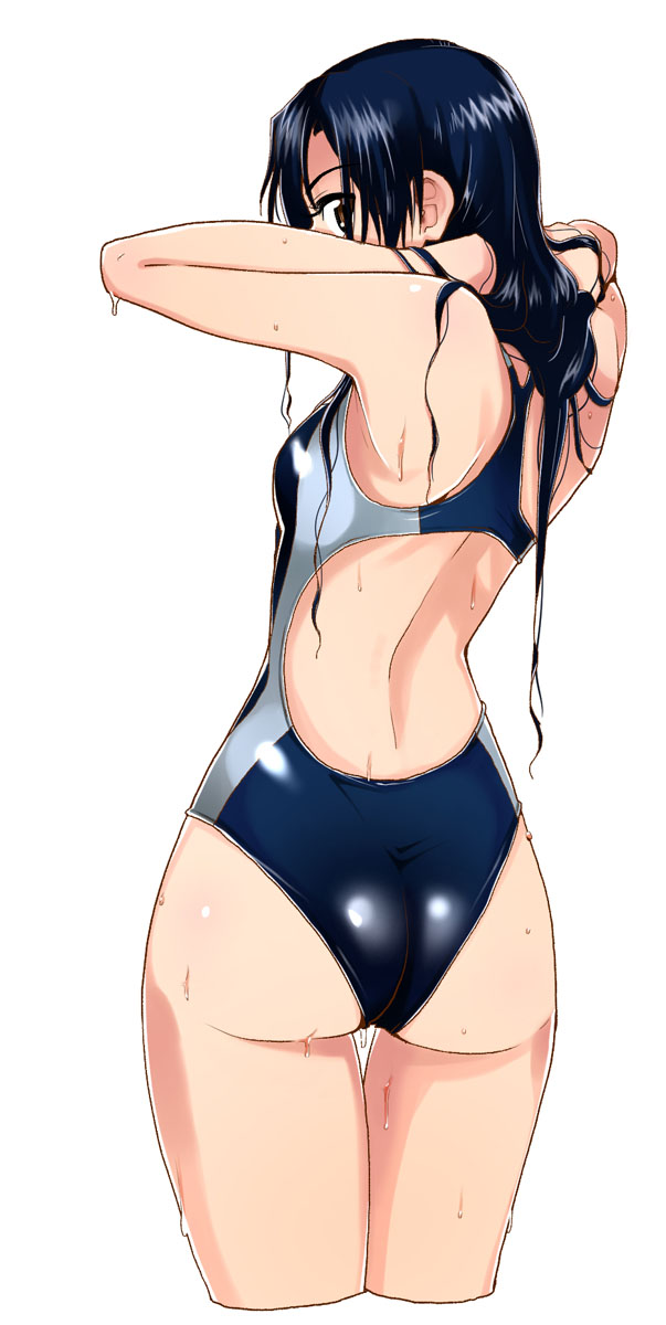 1girl, ass, backless_outfit, bare_back, blue_hair, brown_eyes, competition_swimsuit, cropped_legs, female_focus, from_behind, highres, idolmaster, idolmaster_(classic), kirihara_you, kisaragi_chihaya, long_hair, one-piece_swimsuit, solo, swimsuit, water, water_drop, wet, wet_hair