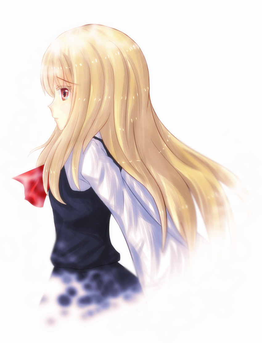 1girl, aged_up, ascot, blonde_hair, blouse, chilia012, fading, female_focus